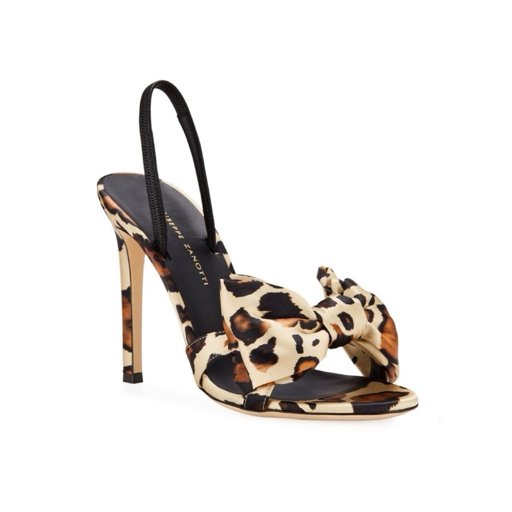 Giuseppe Zanotti Satin Leopard Print Bow Slingback Heels EU 42 Selvaggia Sandals